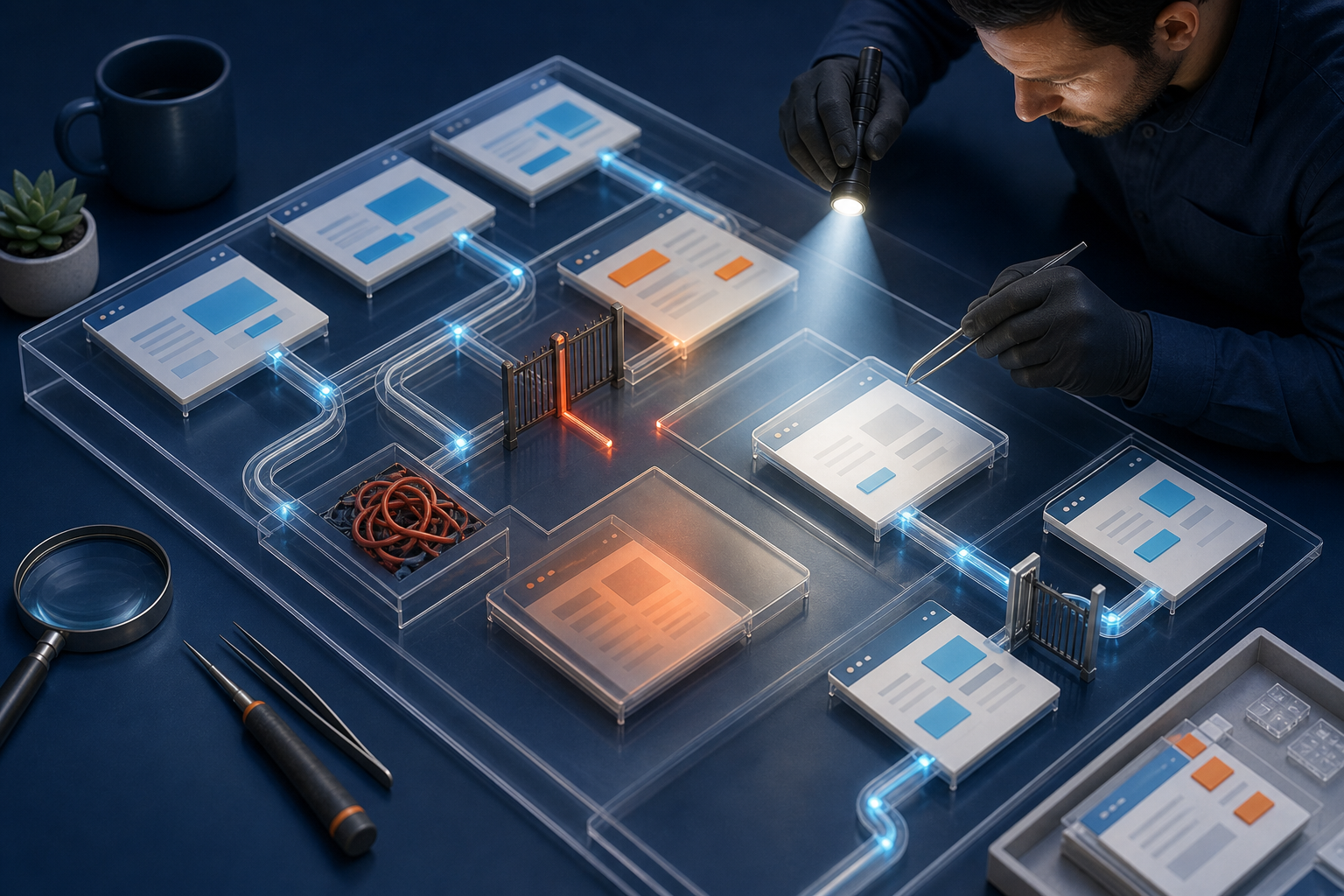 A technician inspects a model website and illuminates a disconnected path, closed gate, tangled cable, and dim page tile hidden beneath it.