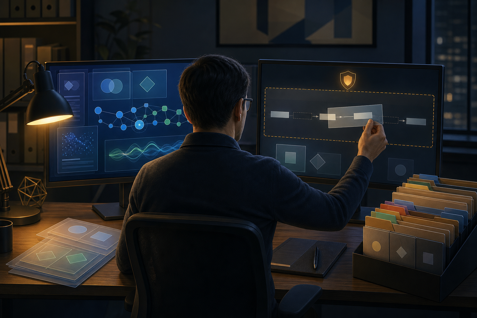 An analyst separates an incomplete timeline from complete current signals across two monitors in an organized workspace.