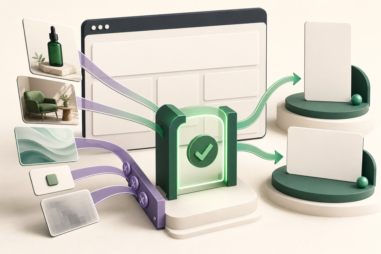 An unbranded landing page supplying image cards to ad placements through a gate that filters unsuitable creative assets.