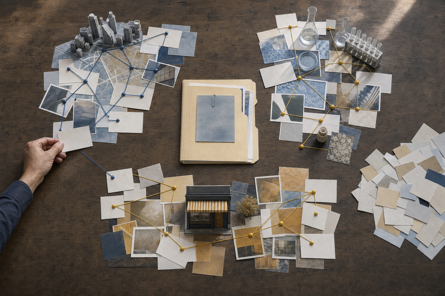 An overhead coverage map groups anonymous reporter cards, story clippings, subject images, and colored connection threads around a central evidence folder.