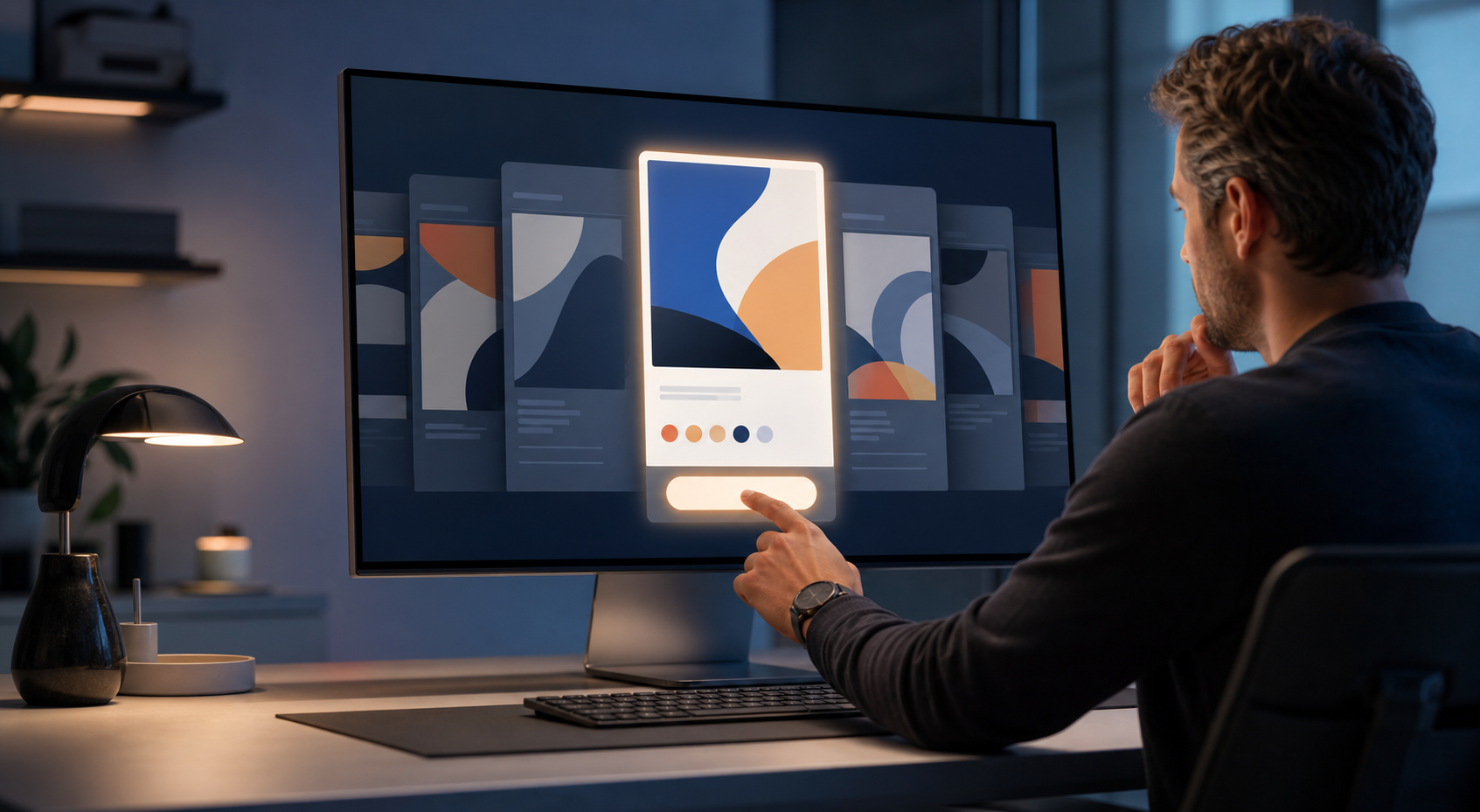 A marketing professional reviews several AI-generated advertising drafts on a desktop monitor before approving one.