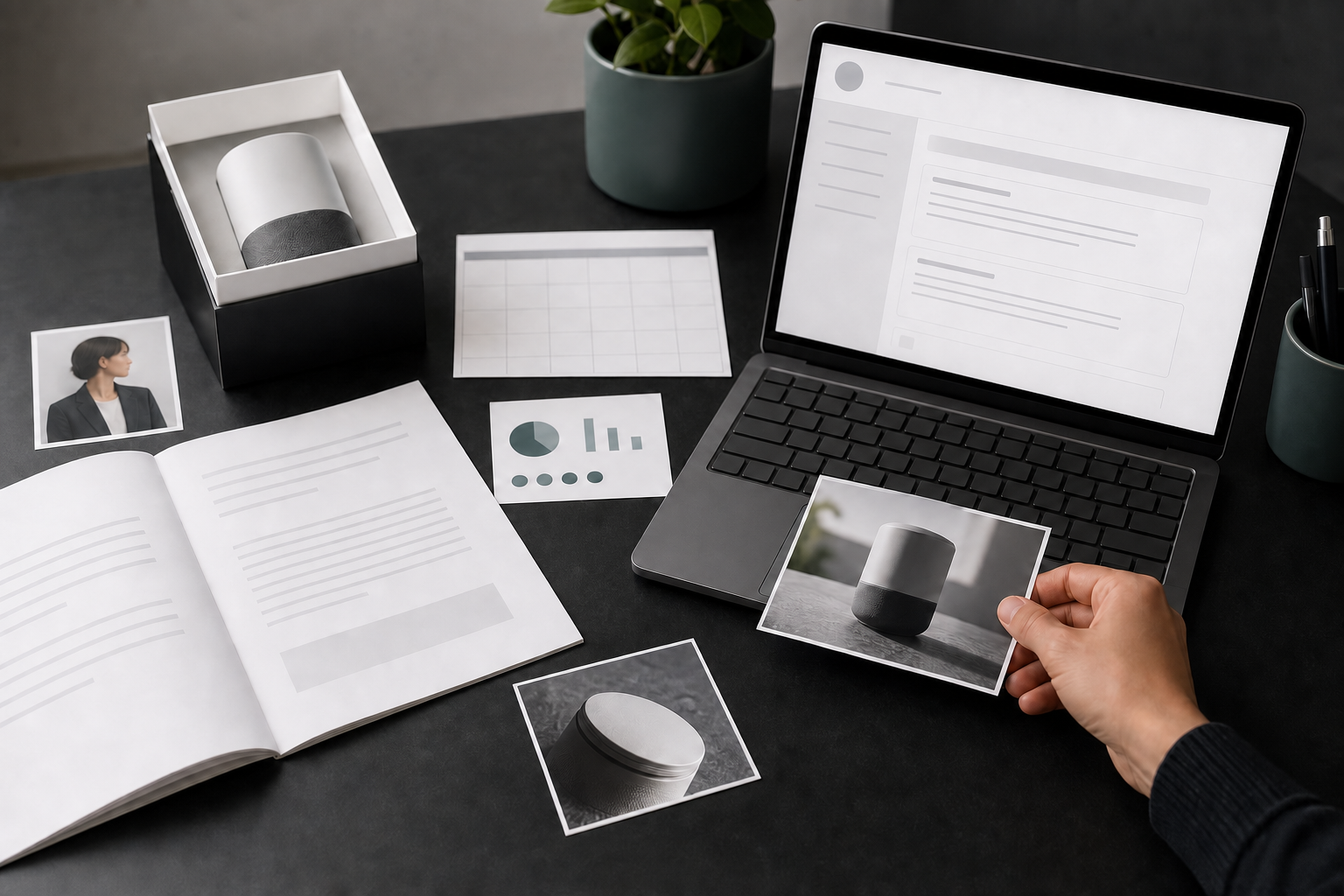 A laptop with a blank message layout sits beside an announcement document, source materials, and a selected evidence photograph.