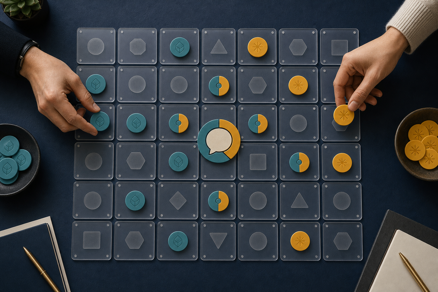 Two pairs of hands arrange teal and amber tokens together on a grid of blank translucent planning tiles.