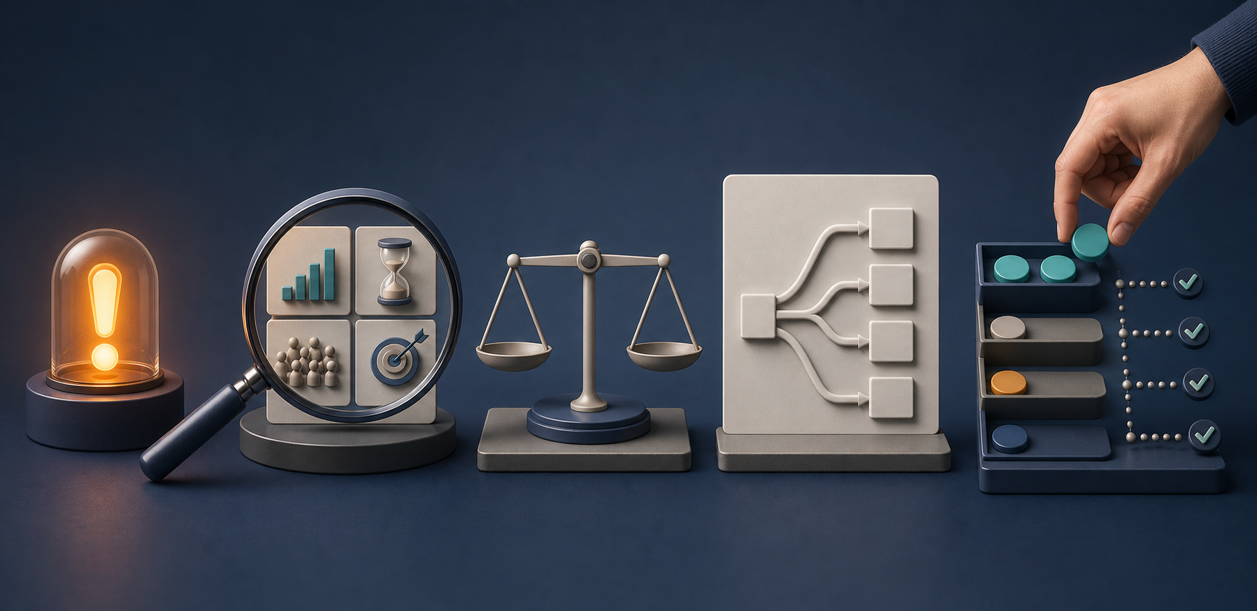 An unlabeled visual workflow moves from a performance signal through evidence checks and scenario comparison to a documented budget allocation.