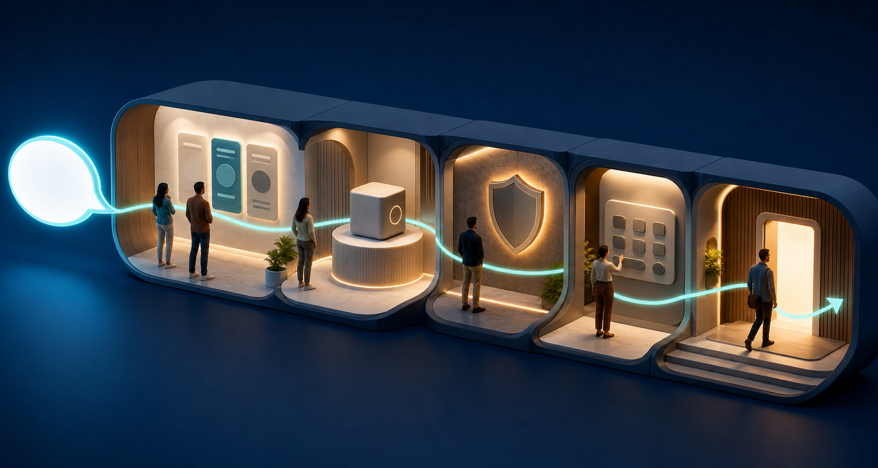 Visitors move from a glowing conversation bubble through connected landing-page spaces for comparison, demonstration, trust, calculation, and action.