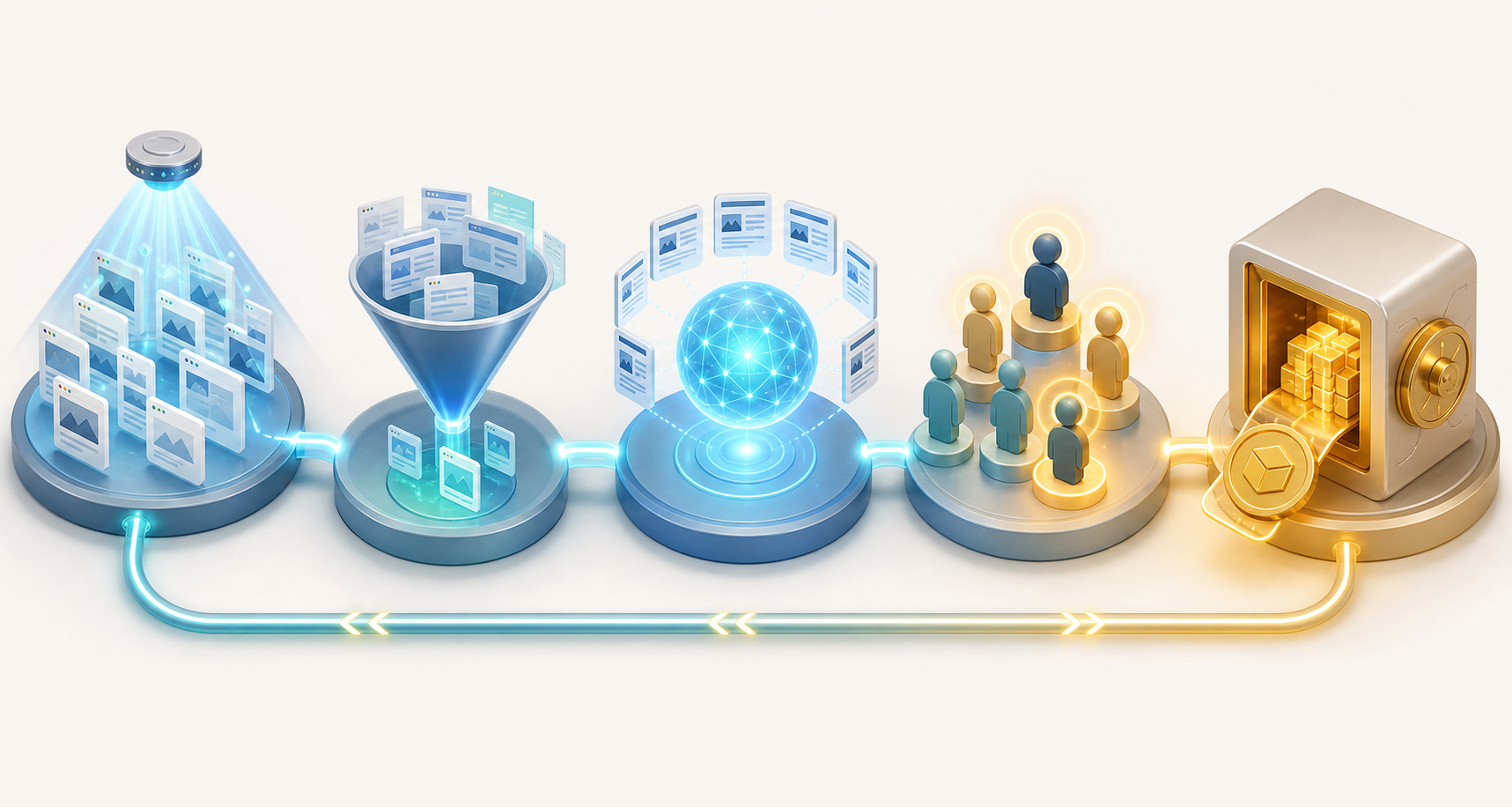 Five connected visual stages show web visibility, retrieval, AI citations, brand consideration, and a commercial outcome.