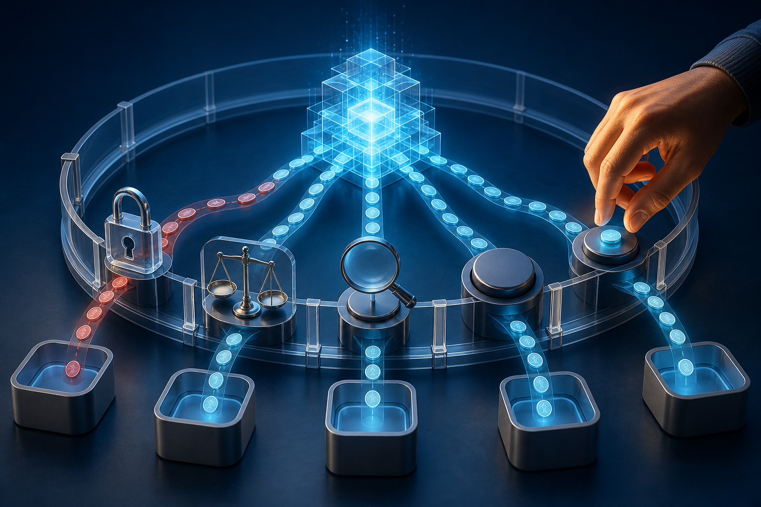 A human hand reviews glowing budget recommendations that pass through locks, balances, and other safeguards before reaching paid-channel containers.