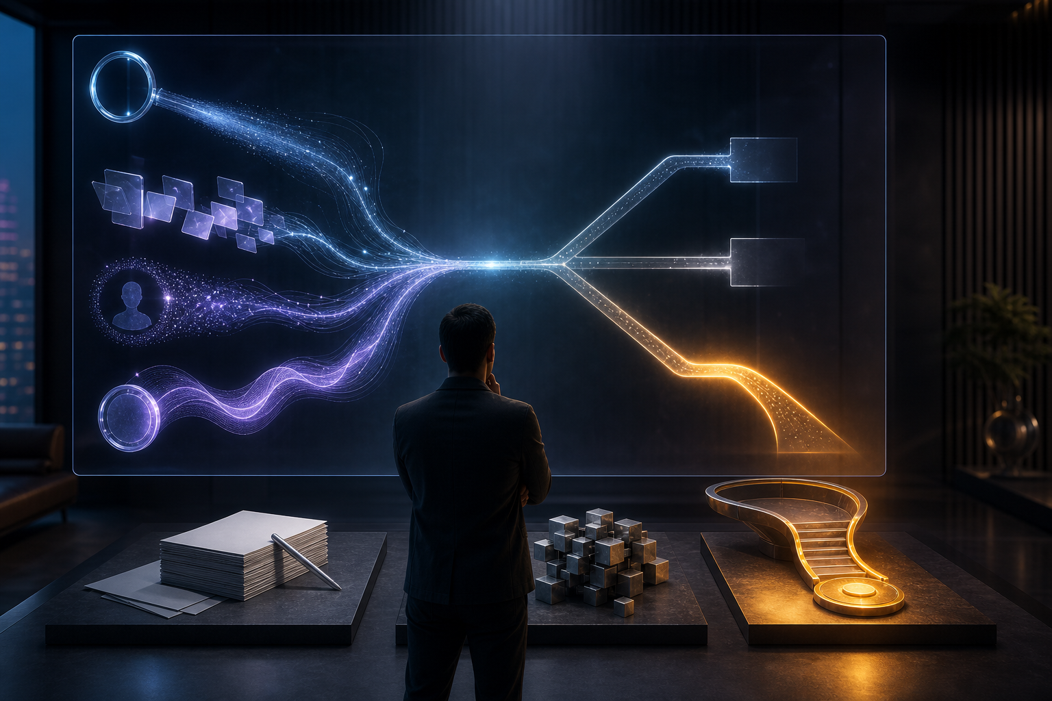 An analyst watches search, citation, brand, engagement, and purchase signals converge into a glowing path toward one selected action.
