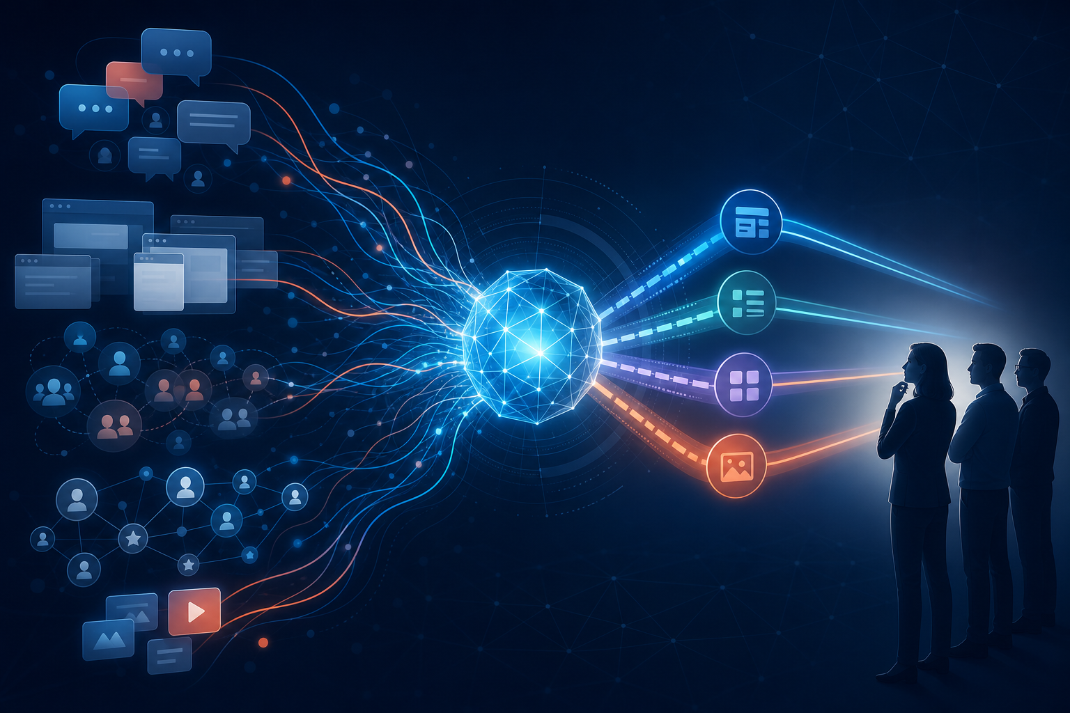 An abstract AI core synthesizes signals from conversations and information sources into several answer pathways for decision-makers.