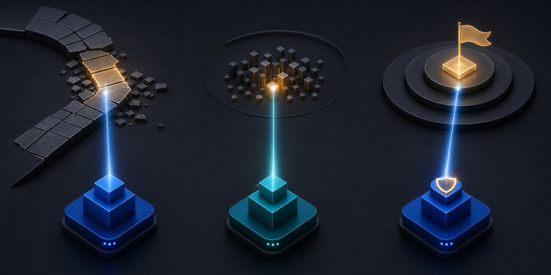 Three separate campaign modules connect to different gaps in an abstract search visibility landscape.
