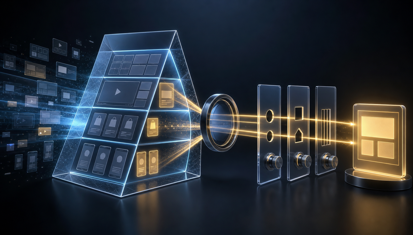 A transparent prism reveals varied digital ad placements while a lens routes selected placements toward a business outcome.