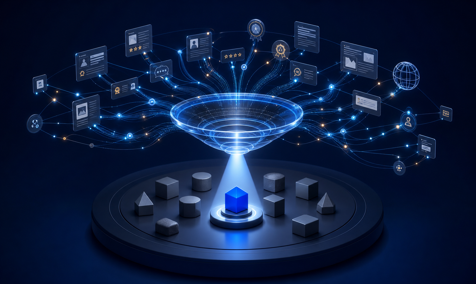 A glowing information network directs evidence from multiple sources toward a blue geometric object illuminated among several neutral alternatives.