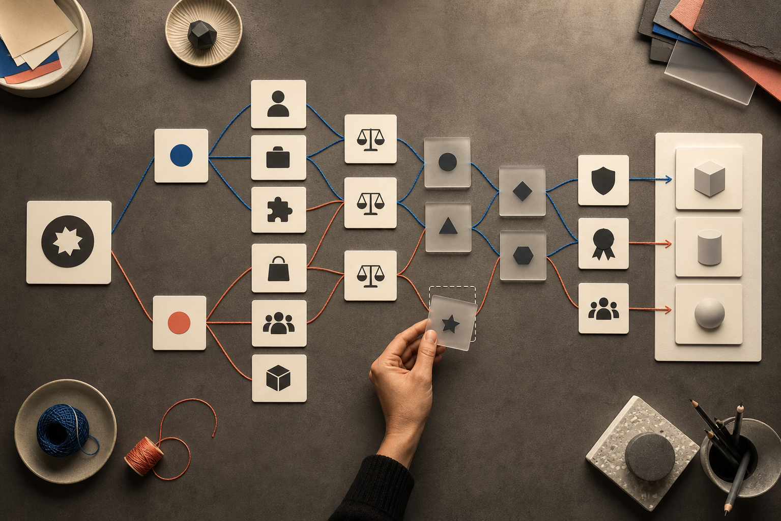 A hand arranges blank cards, geometric icons, and colored connections into a branching map from a problem to a shortlist of options.