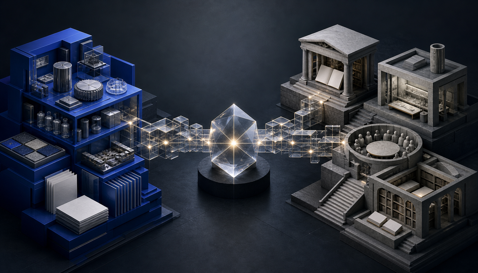 A transparent bridge of evidence blocks connects a blue information hub with independent publication, laboratory, community, and library structures.