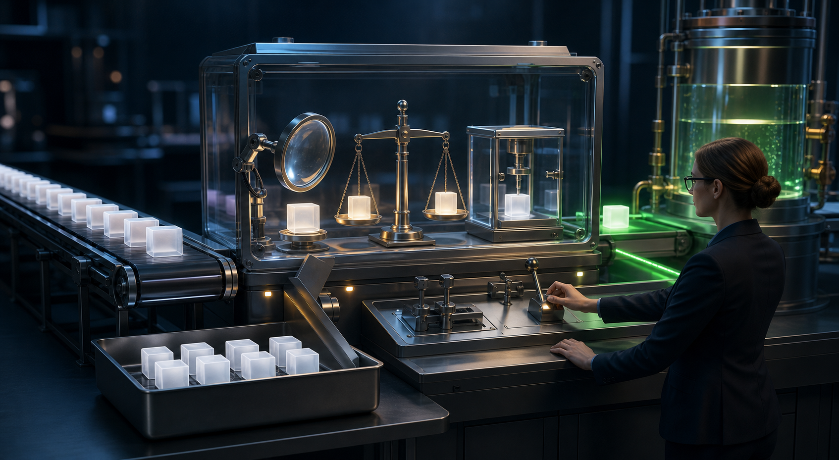 An analyst operates a transparent inspection gate that tests glowing recommendation tiles before a few are allowed to reach a regulated budget reservoir.