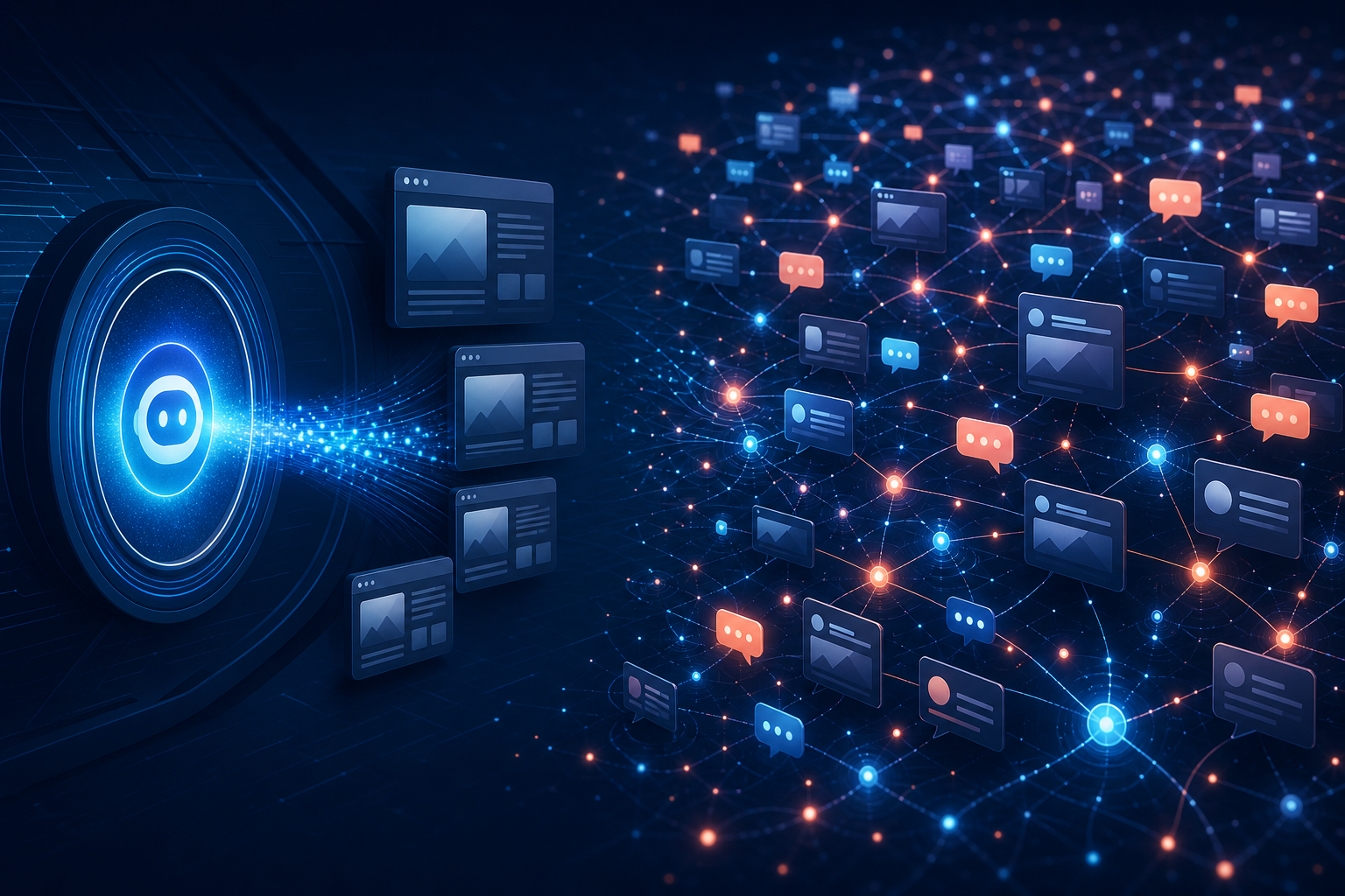 A concentrated stream flows toward website windows while a wider network of social tiles and conversation bubbles keeps many interactions within the platform.
