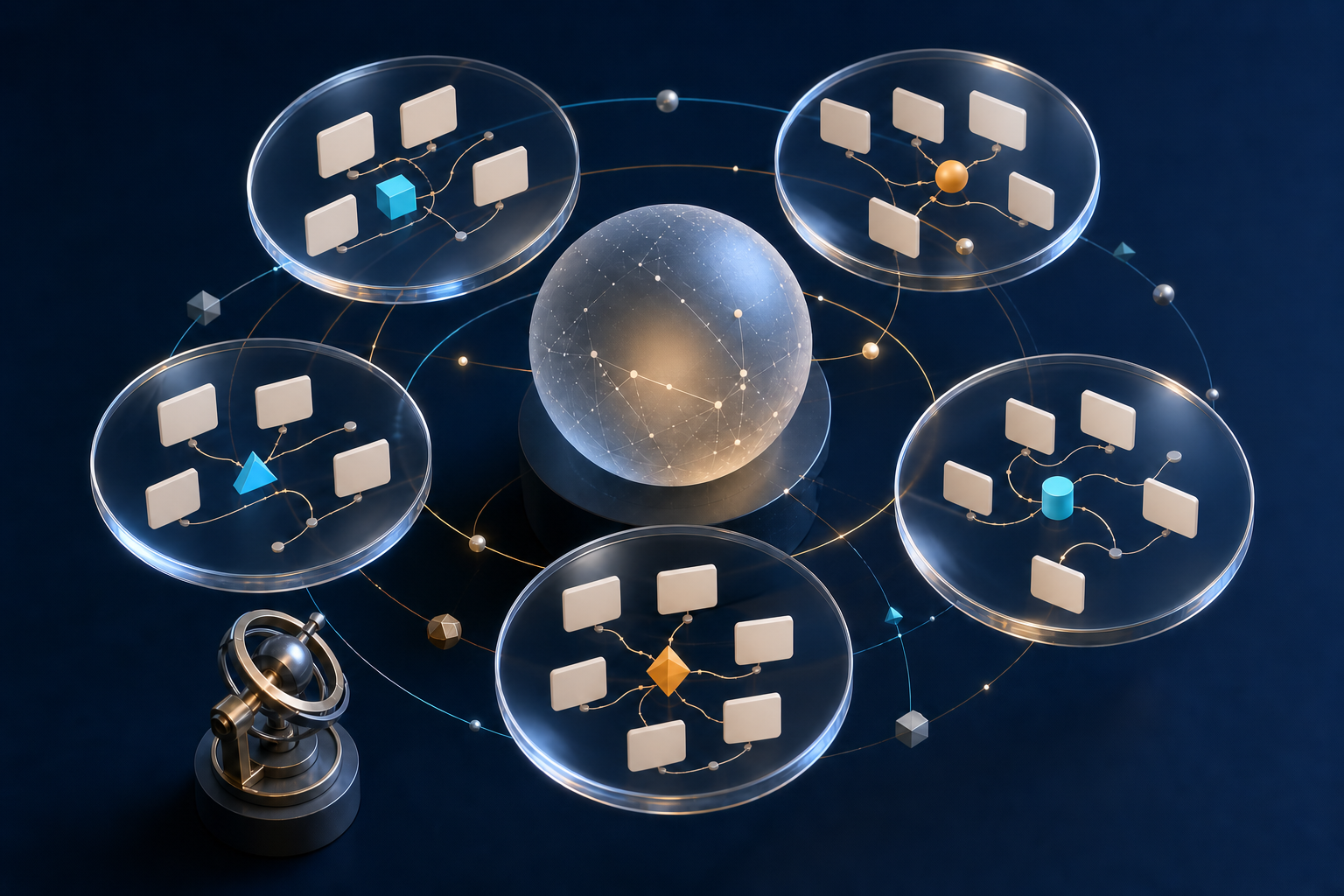 Multiple translucent lenses show different arrangements of source cards and pathways around a spherical answer engine.
