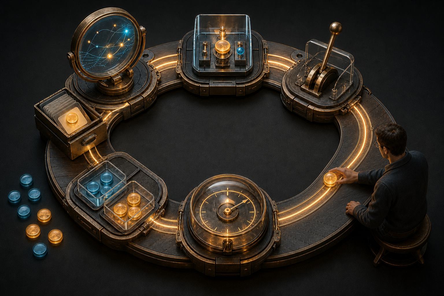 A campaign specialist moves a glowing token around a circular workbench with stations for observation, testing, controlled change, comparison, and archiving.