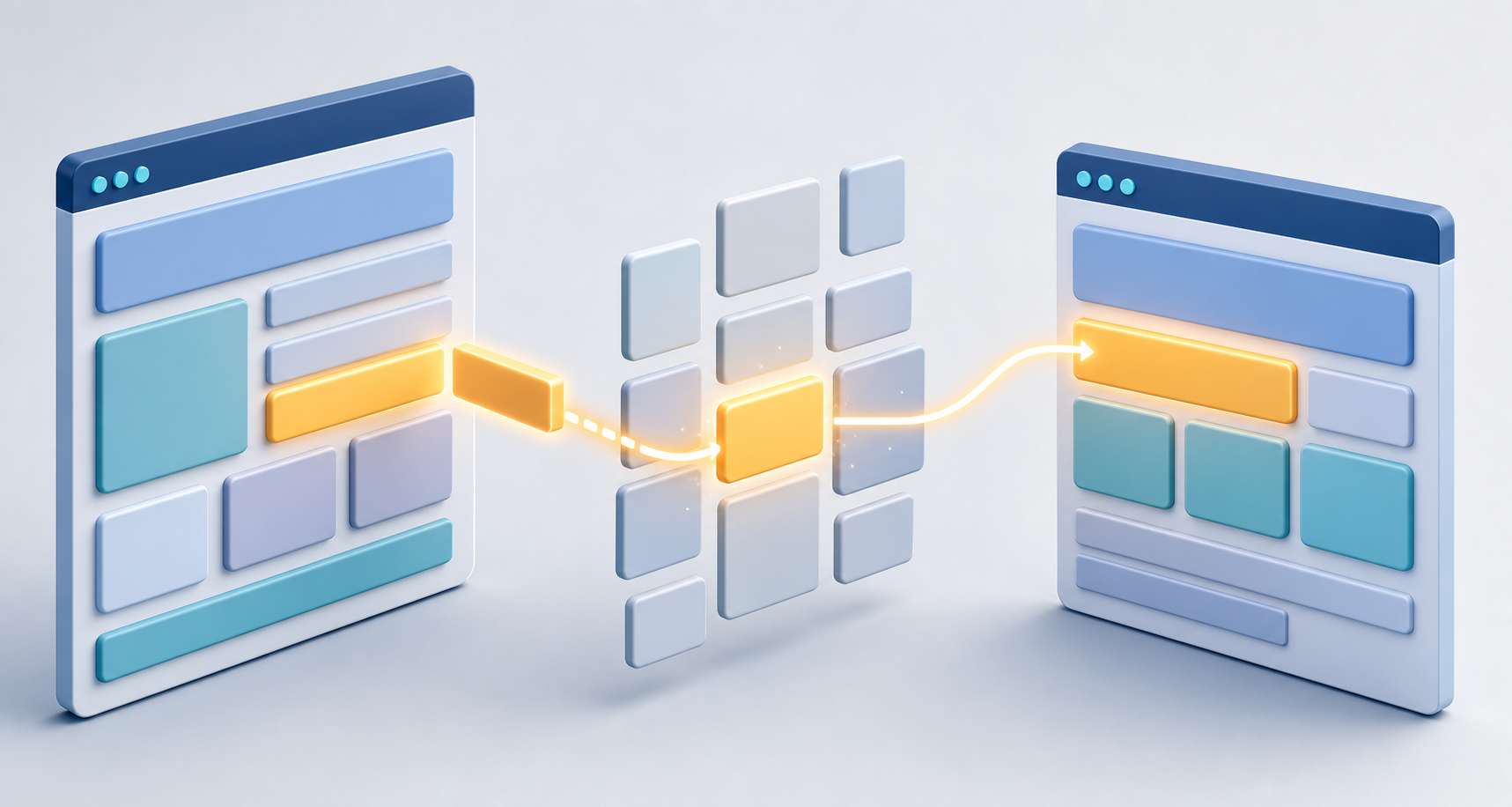 A structured webpage connects to a highlighted source card and then to a visually matching landing page.