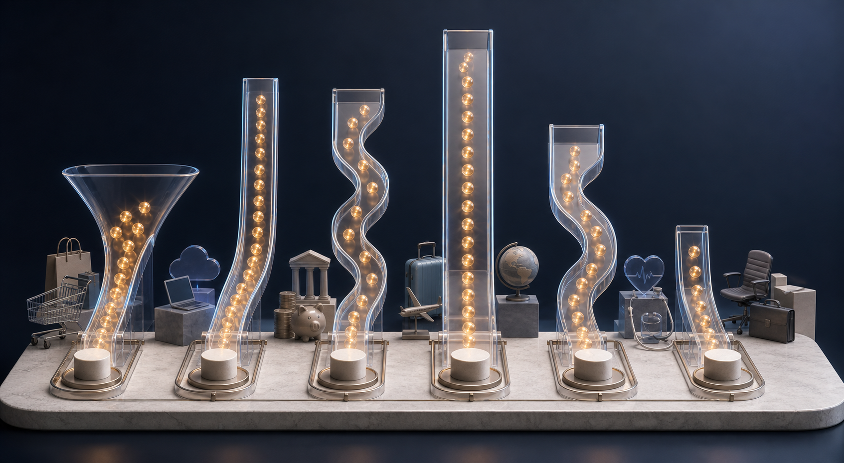 Six differently shaped visitor pathways lead to geometric goals beside objects representing retail, software, finance, travel, healthcare, and business services.