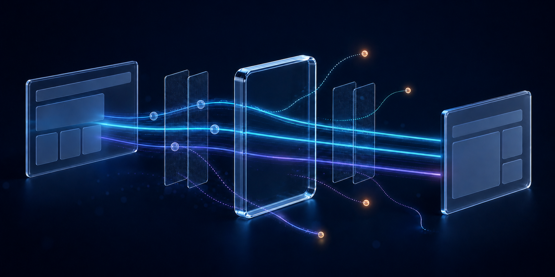 Glowing visitor paths pass through a transparent observation frame between an abstract search panel and a website panel.