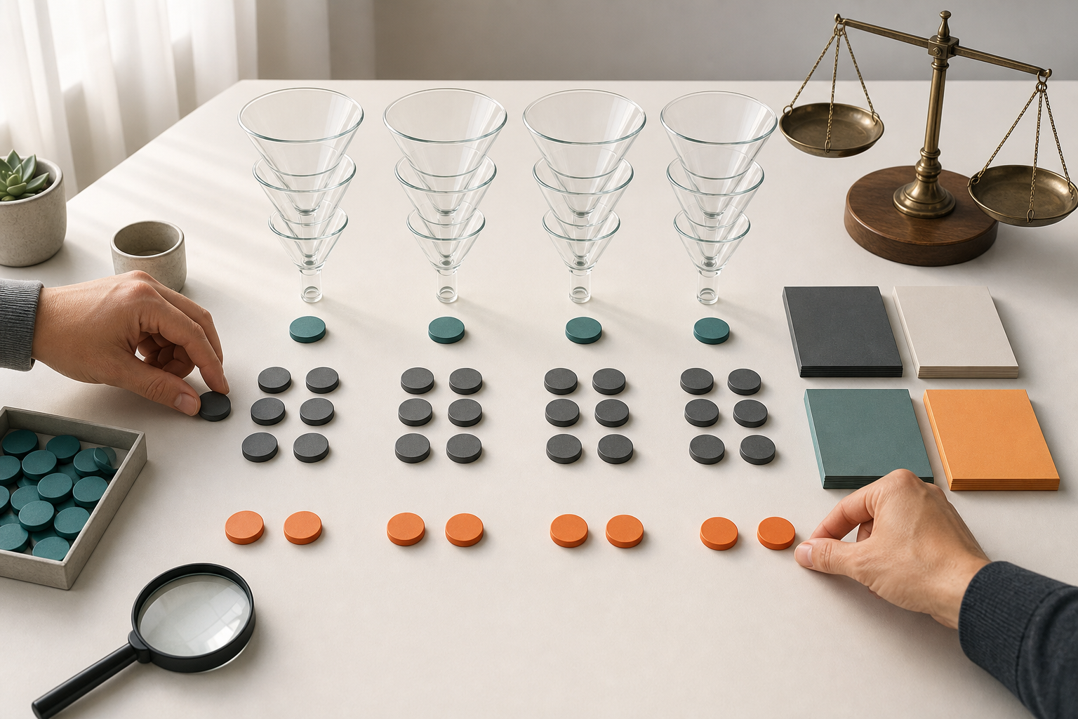 Two hands align visitor tokens, transparent funnels, landing-page tiles, a magnifying lens, and goal markers on an analyst's worktable.