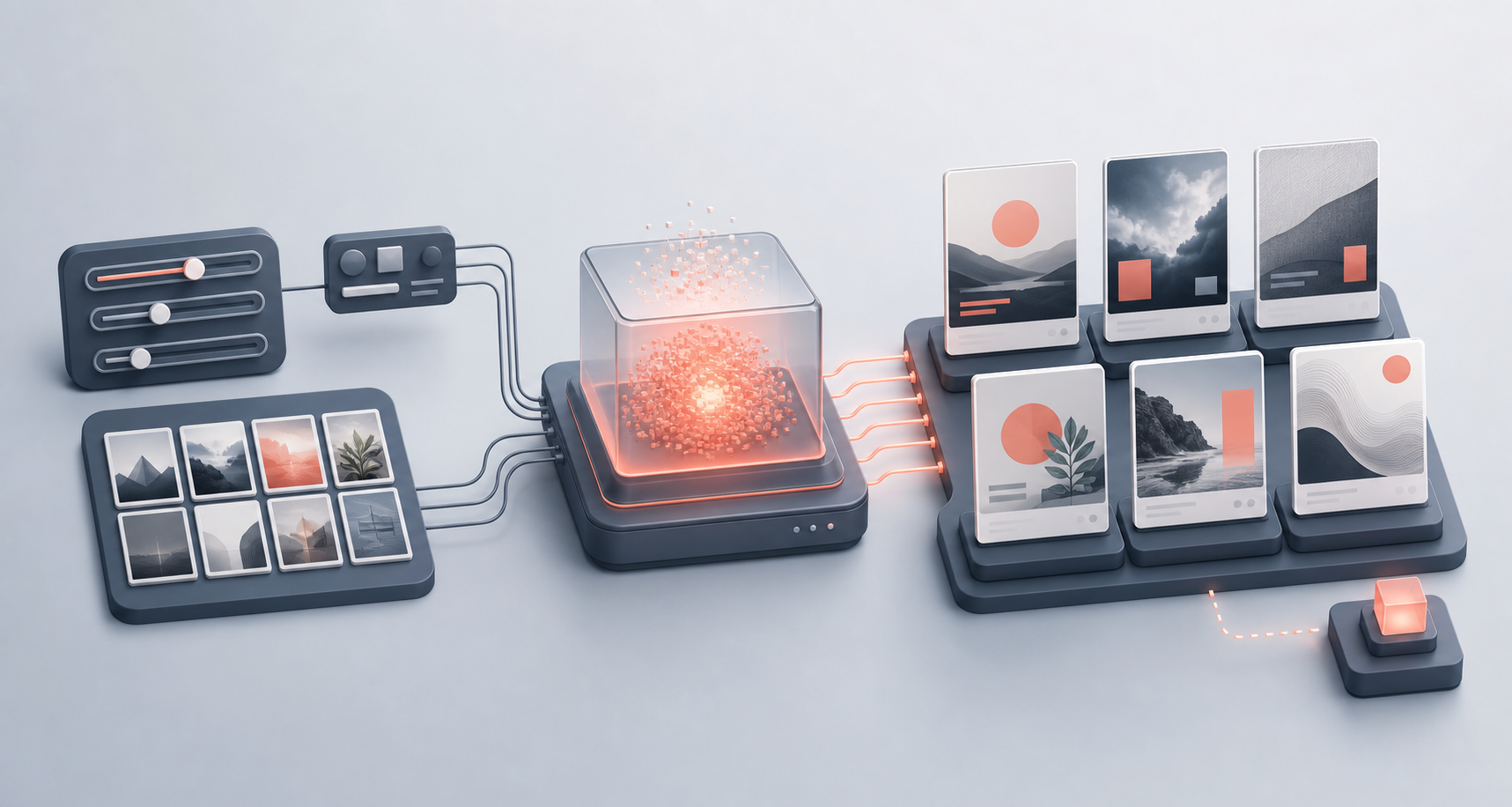 A visual workflow turns campaign inputs into several advertising drafts that await human selection.