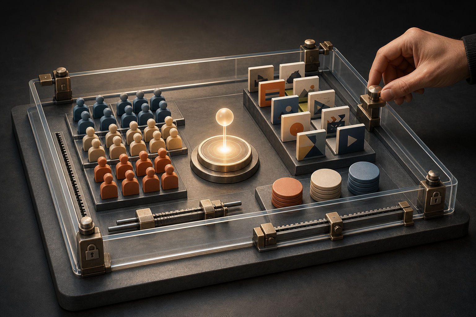 A human hand adjusts safety stops around a tabletop model containing audience figures, creative tiles, budget tokens, and an objective marker.