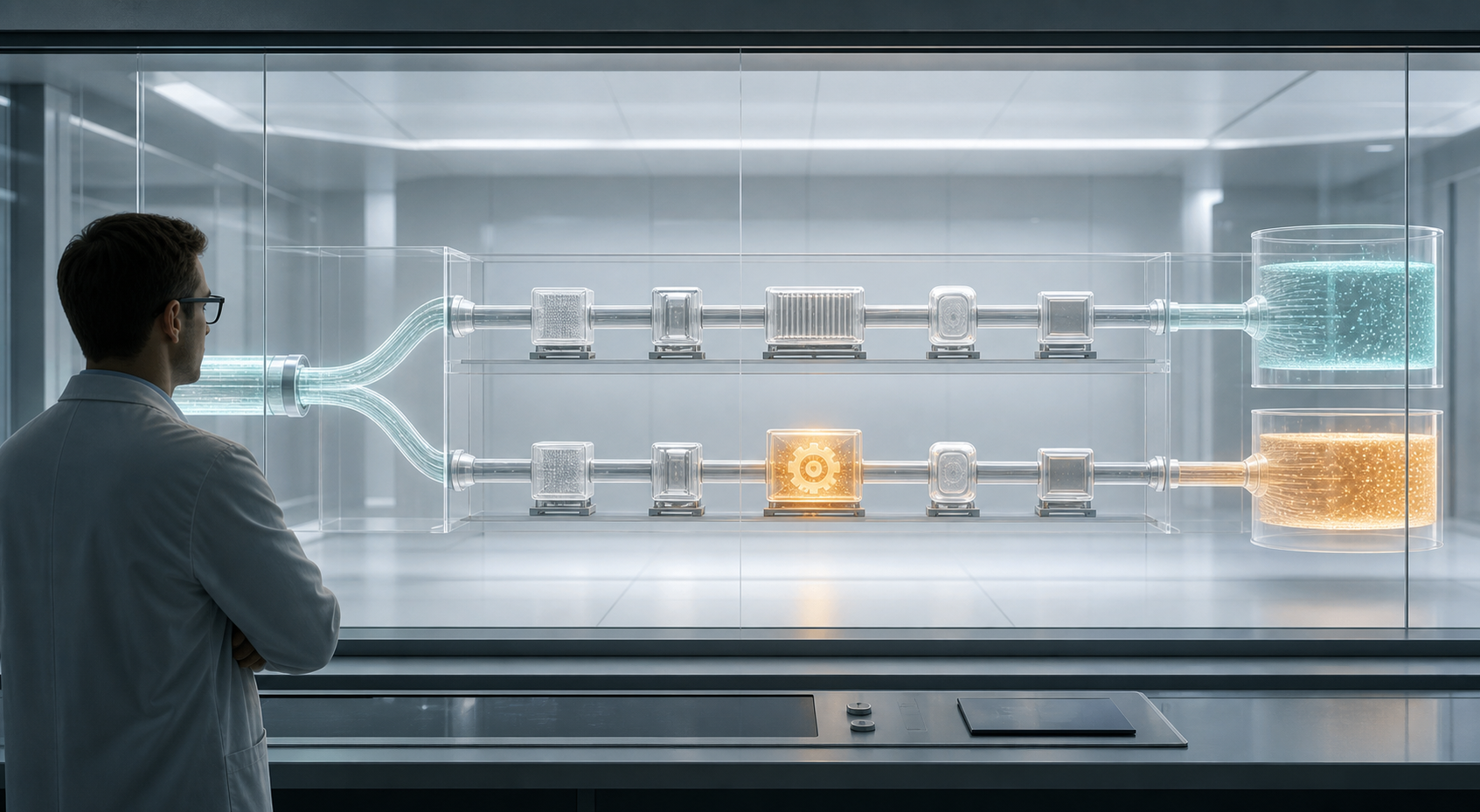 An analyst observes two isolated campaign-testing lanes, one stable and one containing a glowing automation module.
