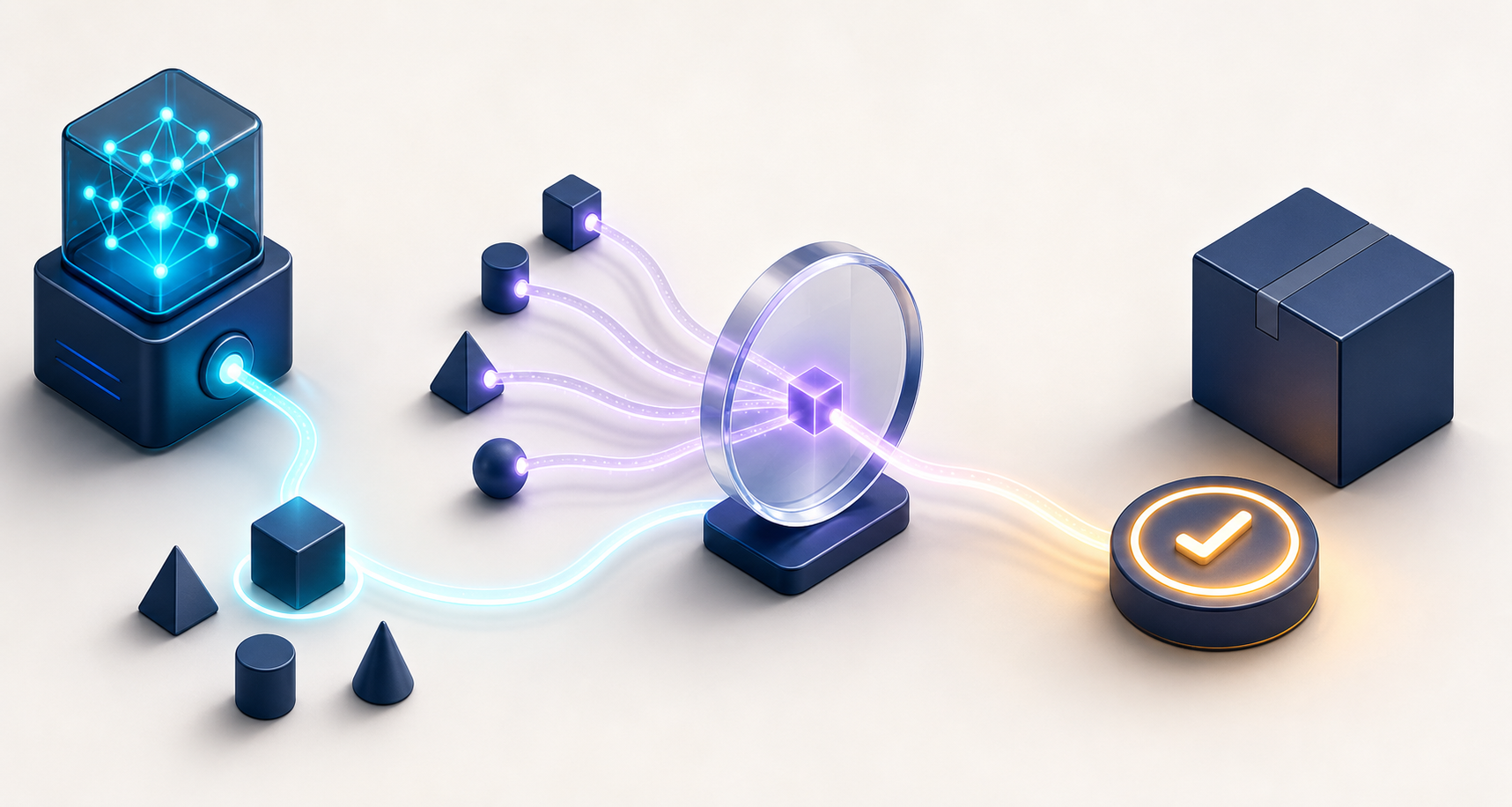 Three connected scenes show an AI highlighting an option, evidence trails converging through a lens, and a verified path reaching a purchase package.