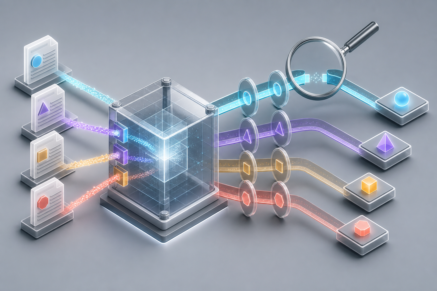 Isometric diagnostic console filtering several document signal paths and highlighting one broken stage.