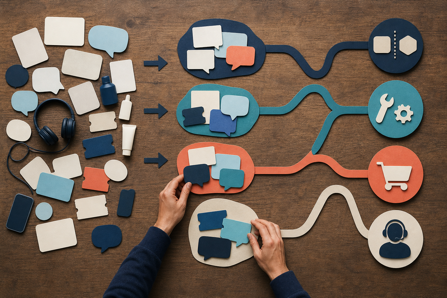 Hands sort blank audience research cards into clusters that branch toward several different decision outcomes.