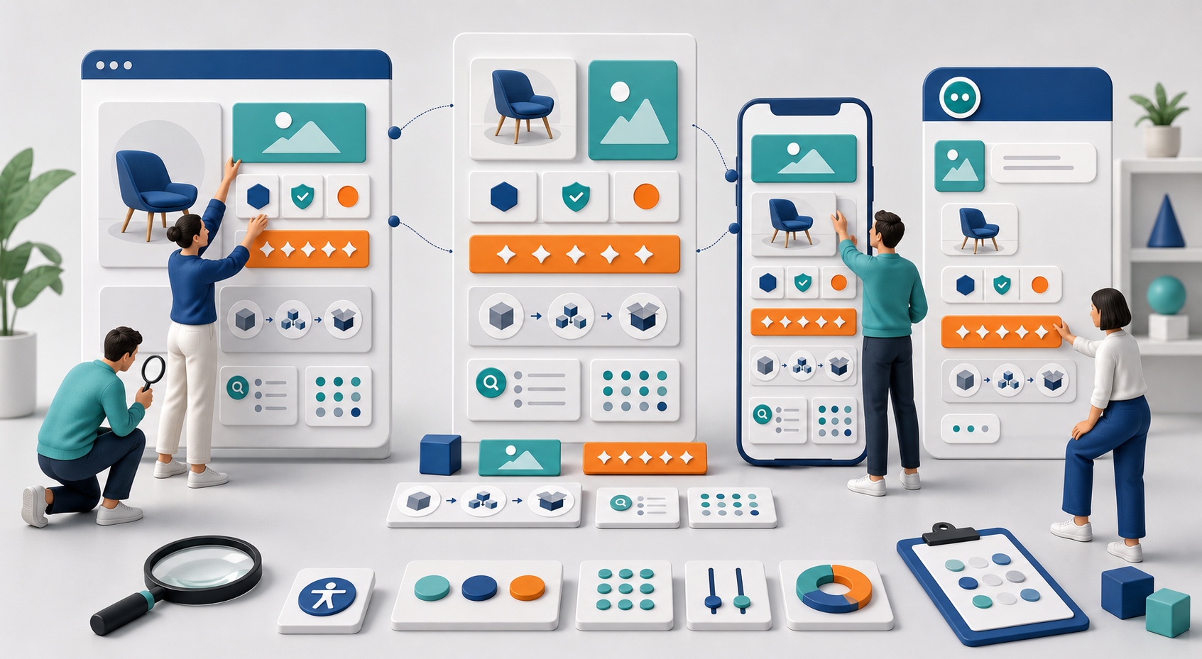 Editors rearrange the same visual answer modules into desktop, mobile, and conversational interface layouts.