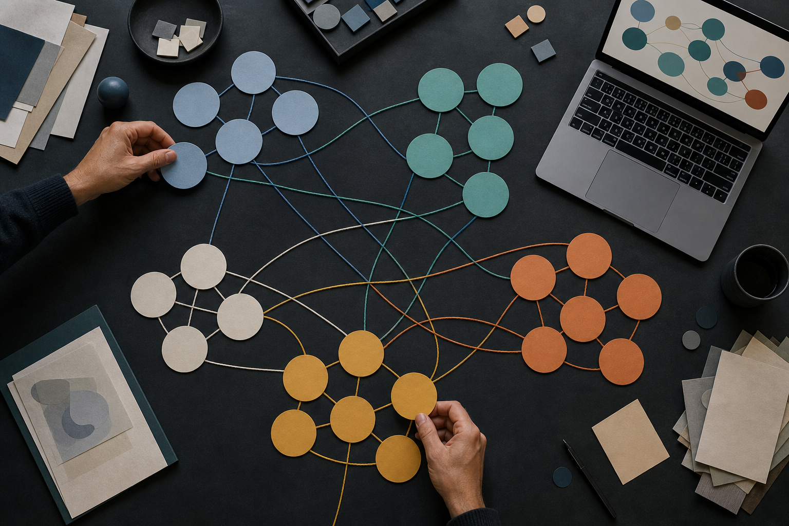 A strategist arranges blank prompt cards and colored connections into clusters representing different buyer conversations.