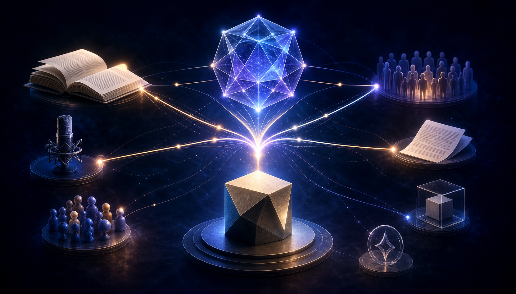 A glowing AI core receives connected signals from a central geometric brand object and surrounding publications, people, research, products, and reviews.