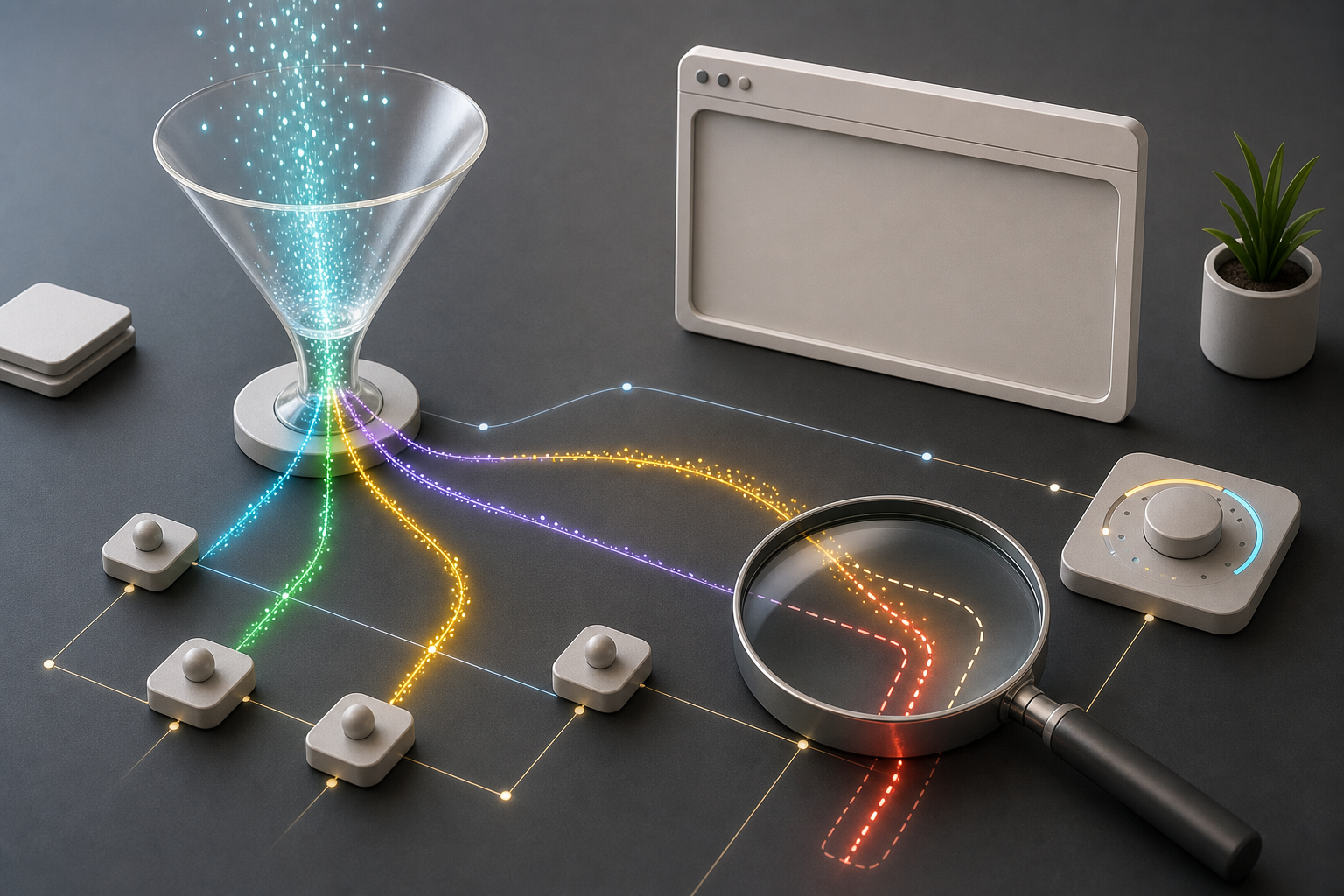 A magnifying lens reveals a hidden signal path beside an abstract attribution funnel and tracking nodes on an analyst workstation.