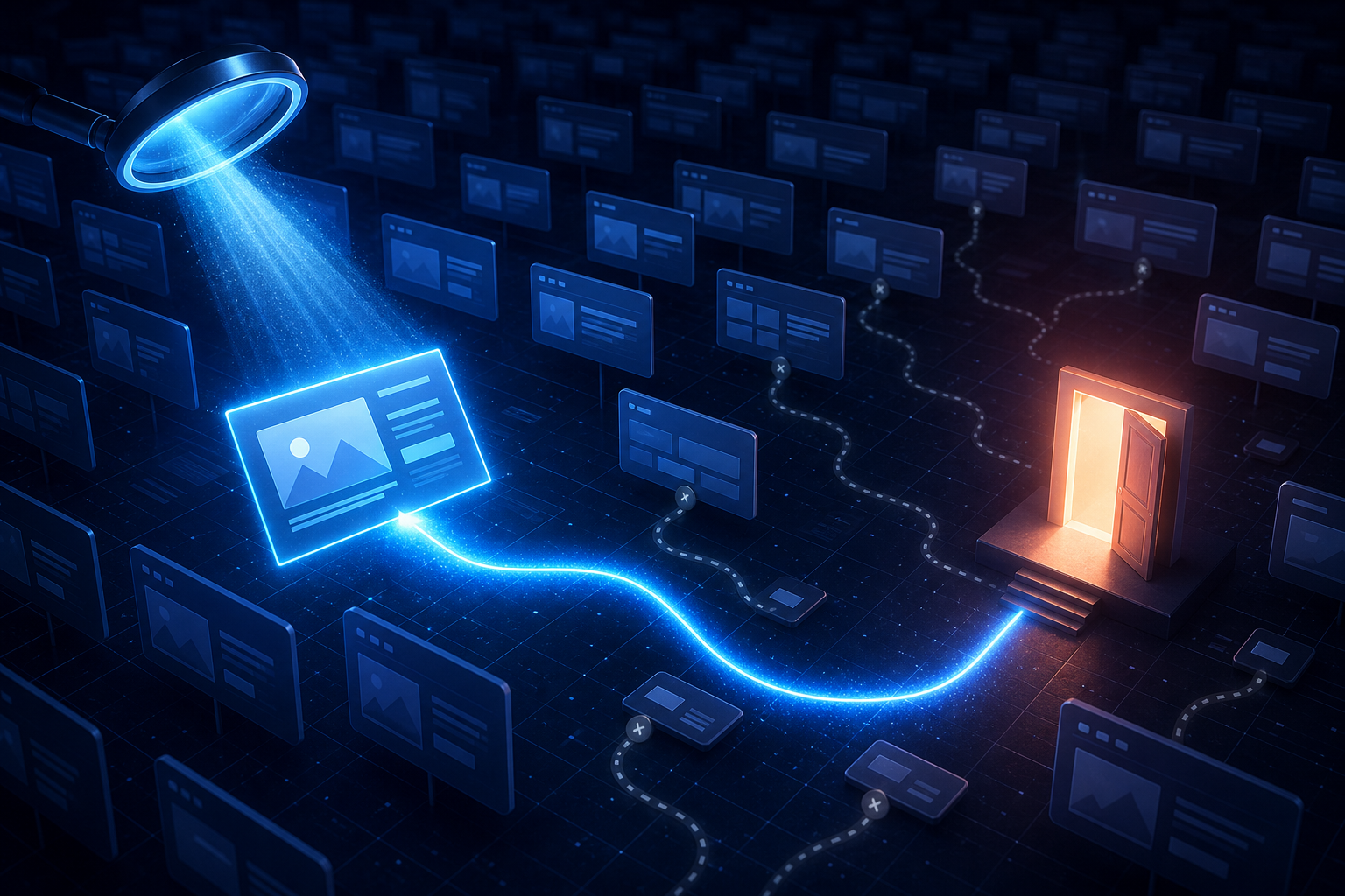 A search beam selects one webpage tile from a floating digital library and connects it to a brightly lit destination doorway.