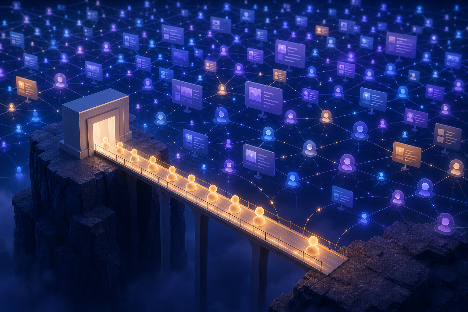 Glowing visitor orbs cross a bridge to a website while a much larger network of feed cards and conversation nodes spreads across the background.