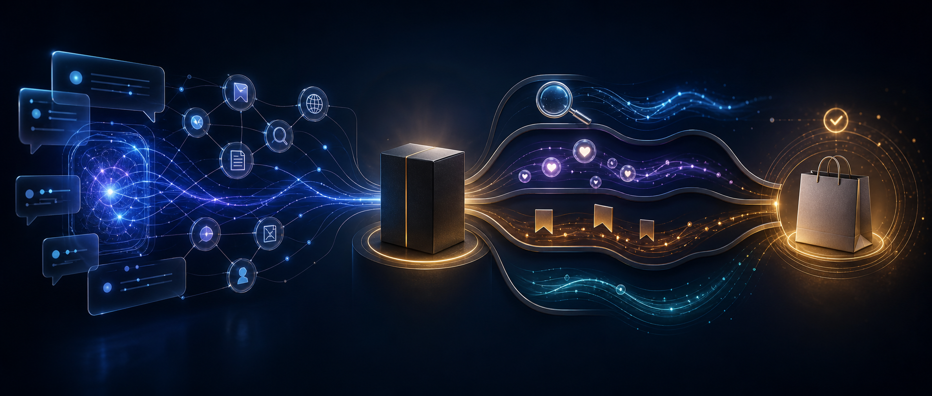 An unbranded product is connected to an abstract AI interface, several buyer research paths, and a completed purchase.
