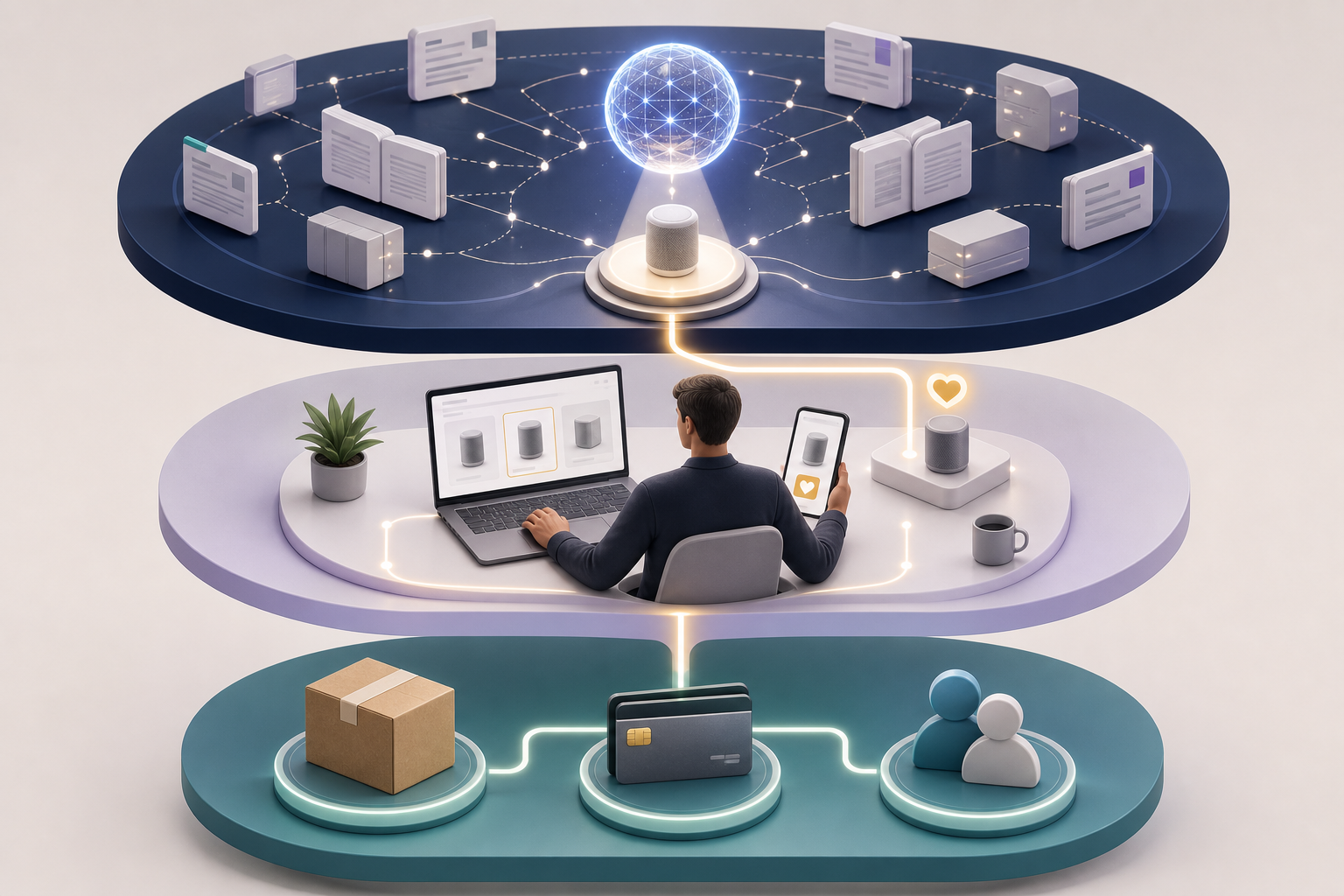 A three-tier illustration connects an AI answer environment, a shopper comparing products, and business outcomes such as checkout and customer retention.