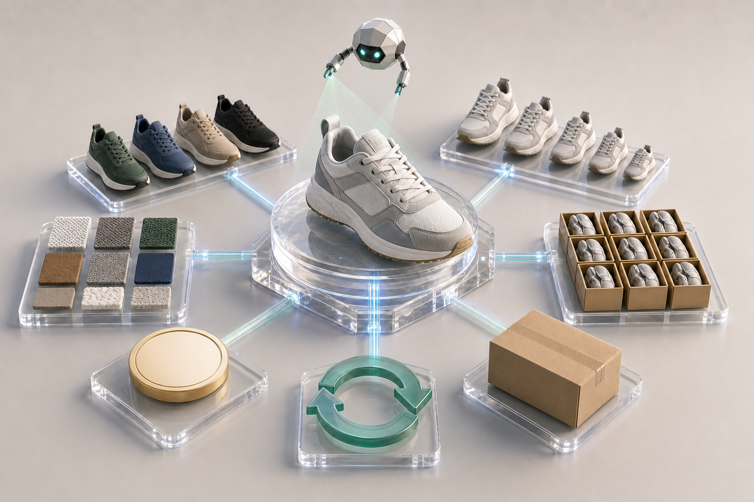 An unbranded sneaker and its color, size, material, inventory, price, shipping, and return details connect to a transparent structured foundation.
