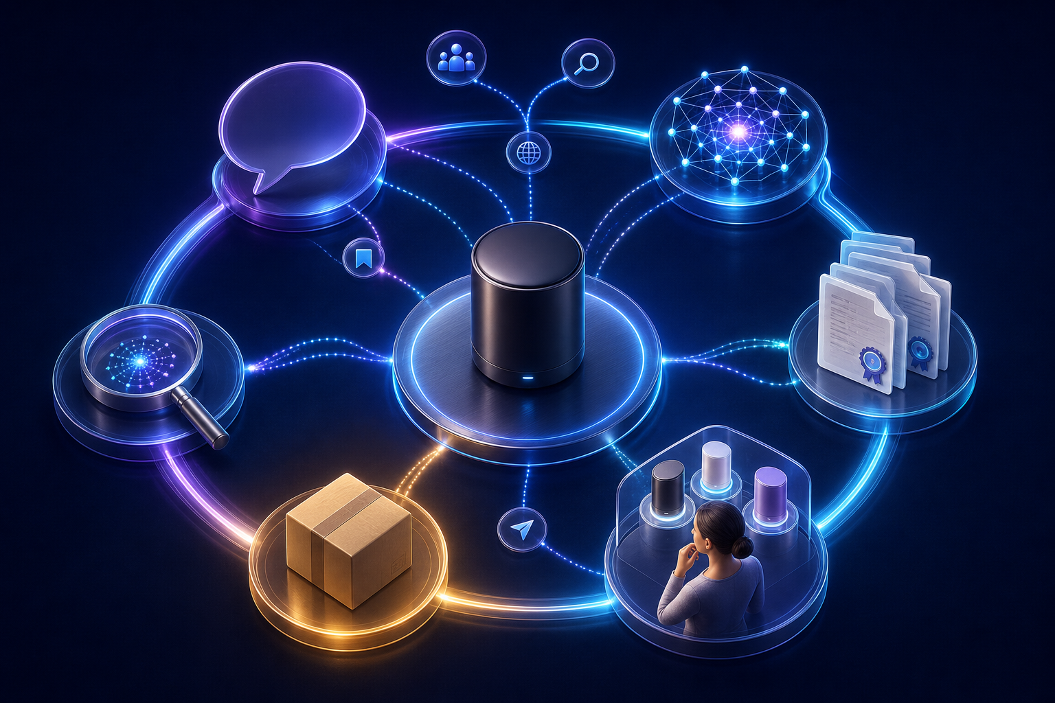 A circular pathway links an abstract question, AI discovery, source documents, buyer evaluation, a purchase parcel, and a feedback lens around an unbranded product.