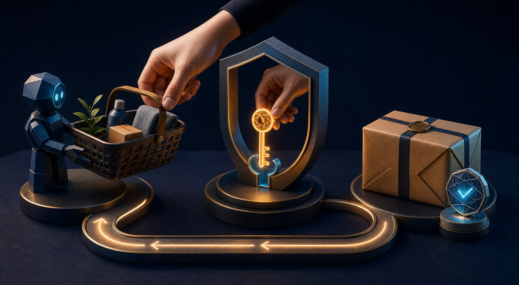 A geometric shopping agent presents a basket as a human hand authorizes checkout through a shield checkpoint, with a parcel, proof token, and return path beyond it.