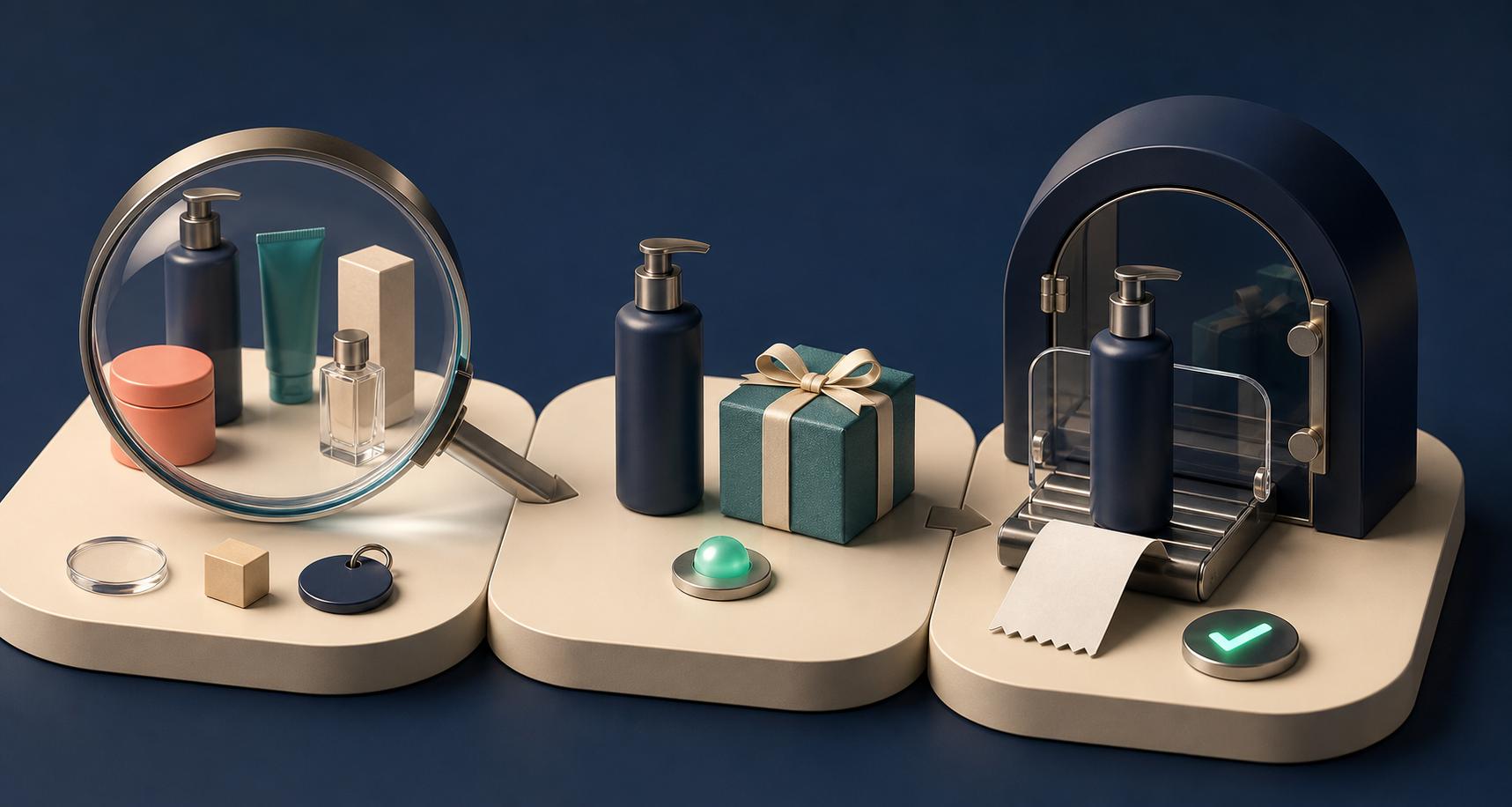 Three connected stations depict product answers and evidence, an available offer, and a secure transaction in sequence.