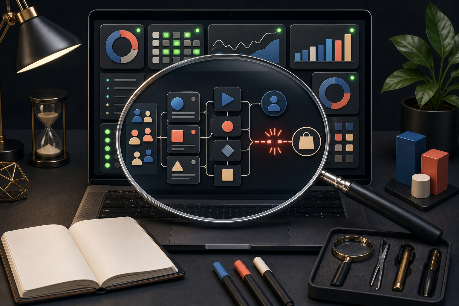 An analyst's desk with a laptop, magnifying lens, product cards, campaign controls, and customer outcome symbols arranged as a diagnostic workflow.