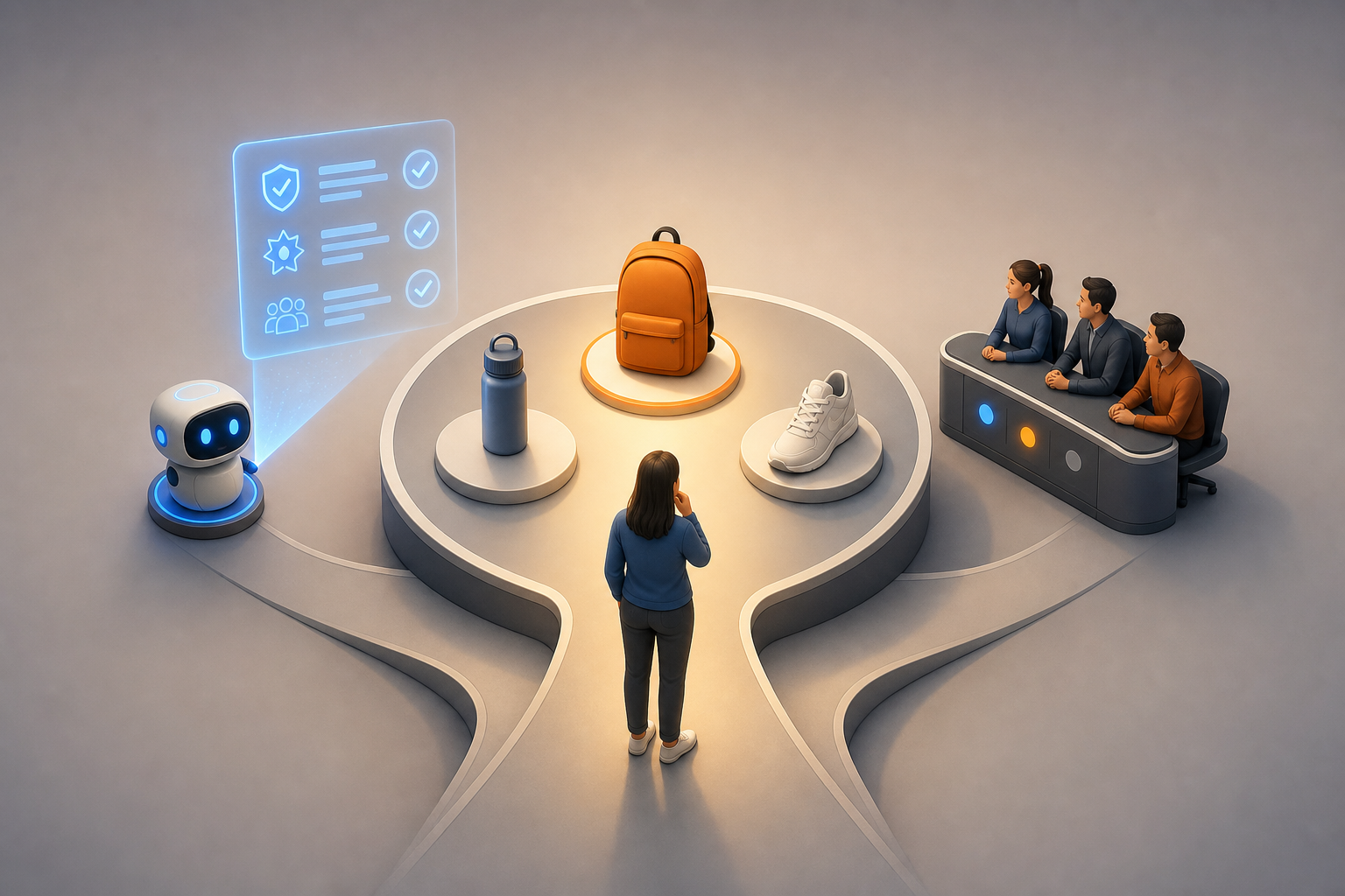 A shopper compares three products with help from verified evidence and a distinct promotional offer while a small team observes the decision.