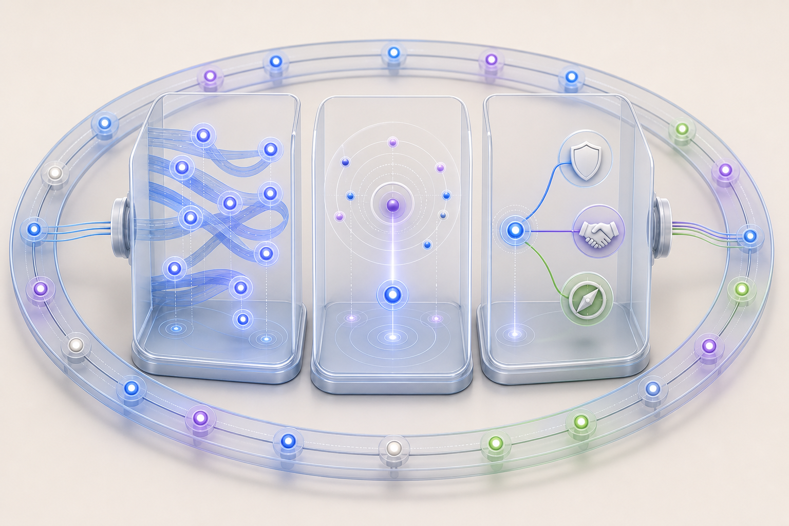 Three translucent chambers use glowing nodes and symbols to represent presence, prominence, and contextual meaning in AI answers.