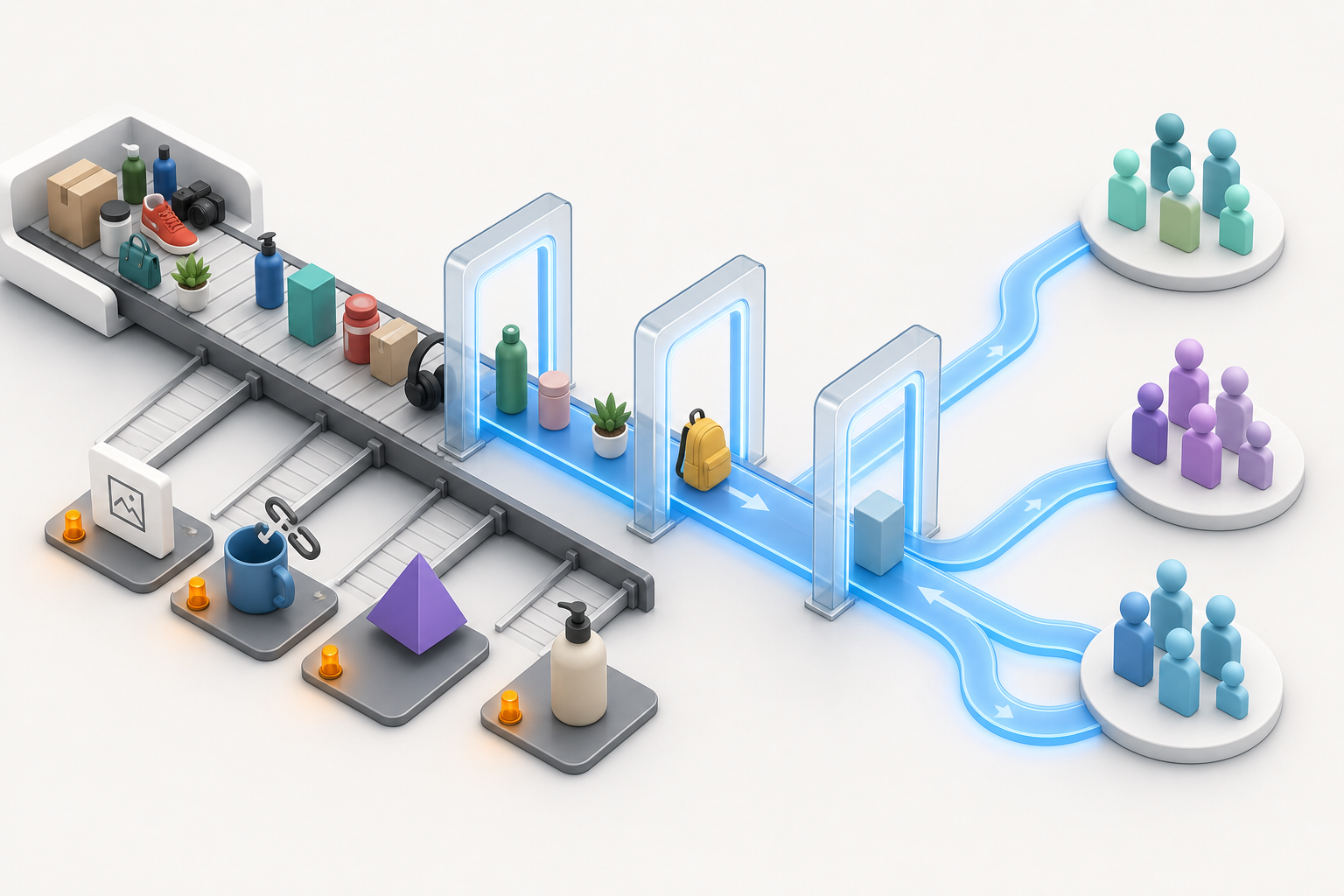 Unbranded products travel along a conveyor through campaign eligibility gates, while several items stop because of missing or mismatched attributes.