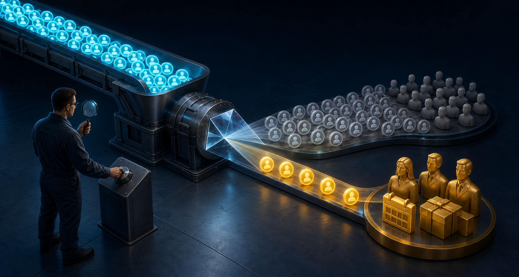 A stream of conversion tokens passes through a sorting funnel and separates into many low-quality contacts and fewer qualified customers and purchases.