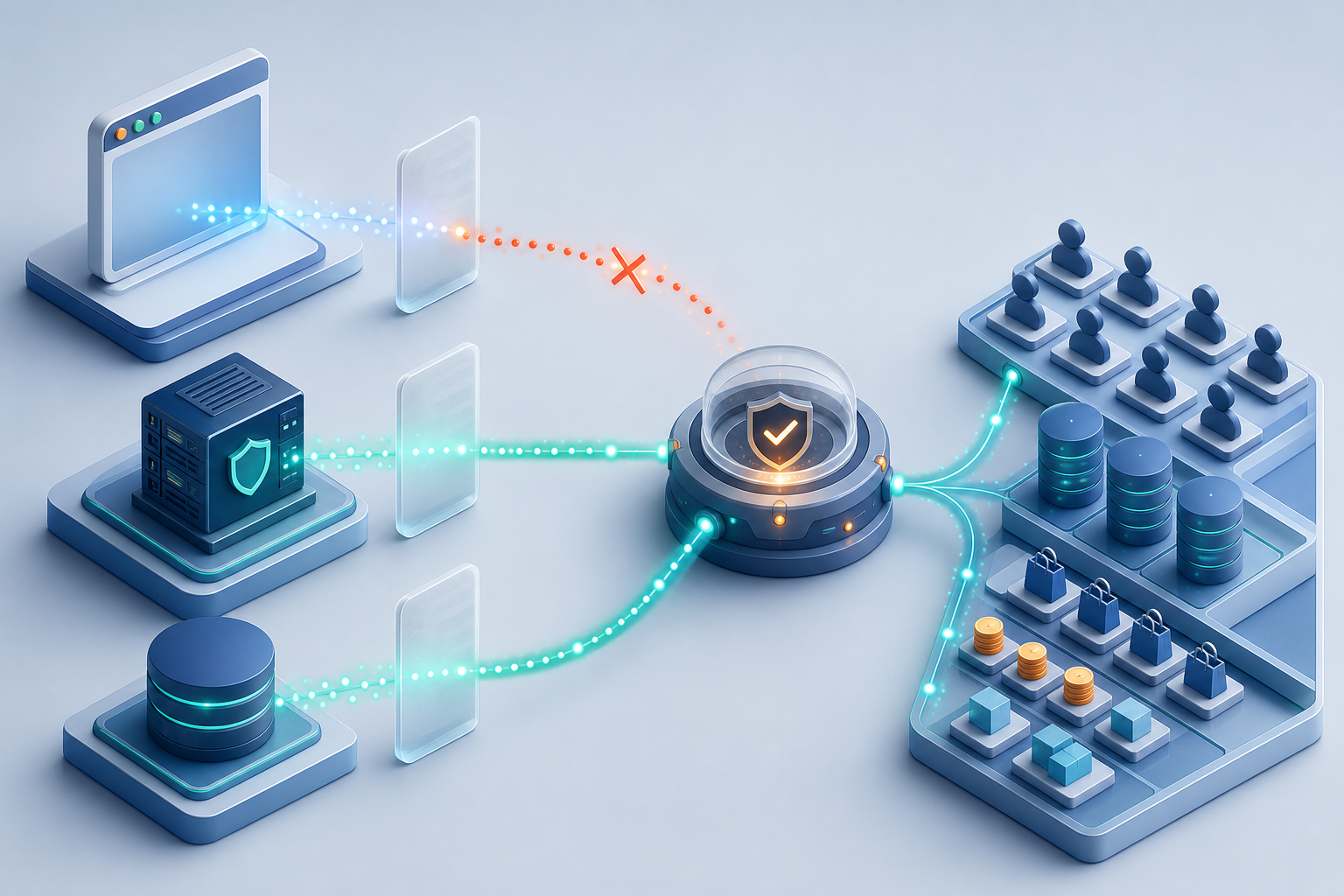 Three independent data paths connect an advertising source, a server node, and a business database despite gaps and privacy barriers.